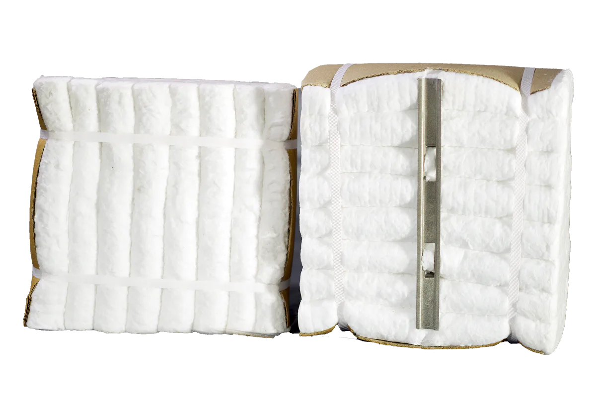 Two white ceramic fiber modules with metal anchoring hardware